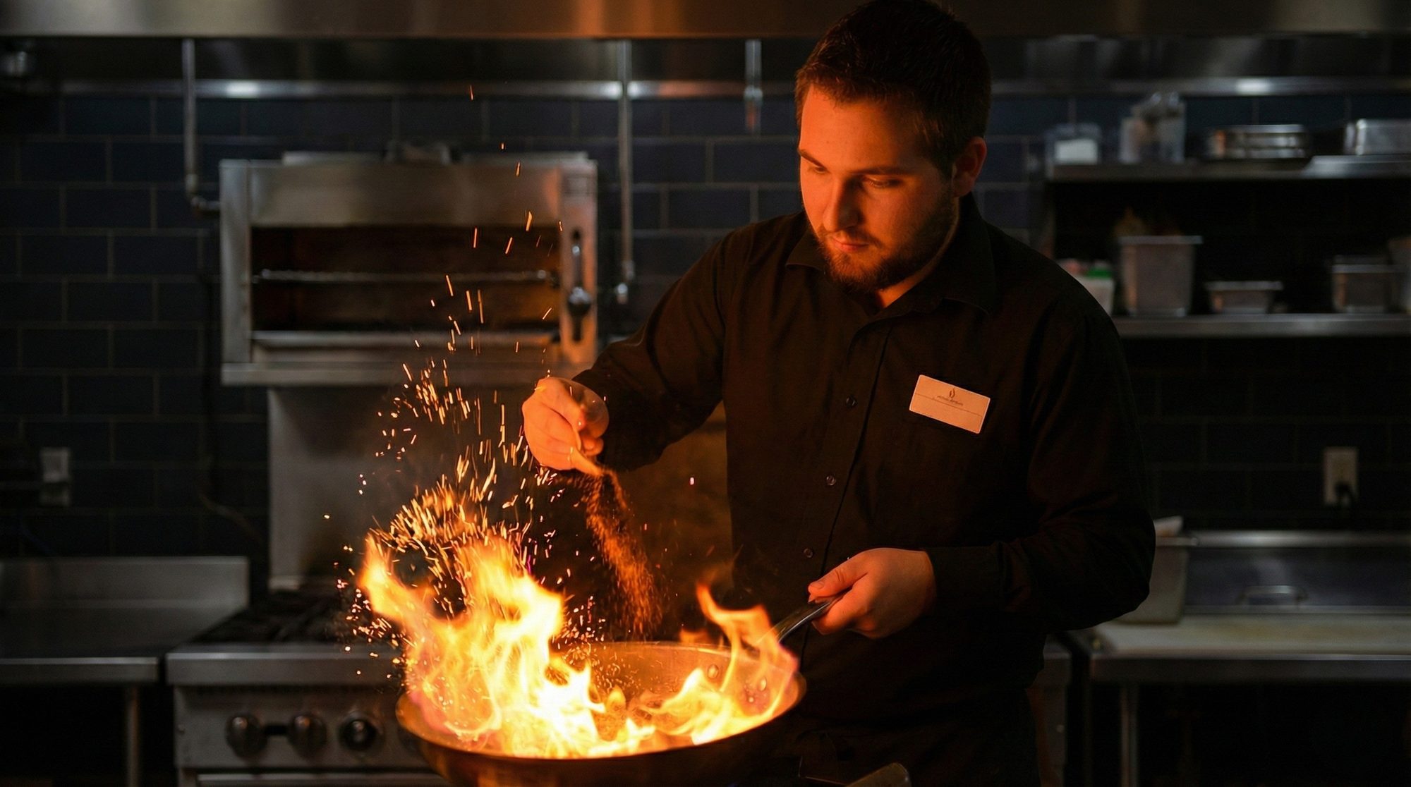 Walnut Hill College culinary student flambéing a dish in a professional kitchen